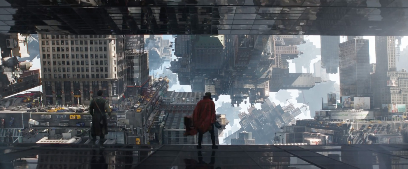 A scene from the Dr Strange movie set in a busy metropolis.